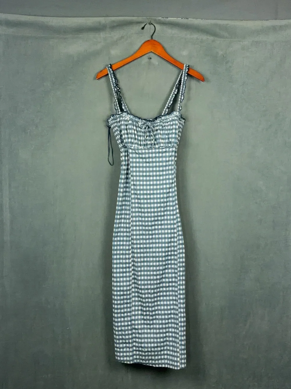 Free People Lucinda Gingham Midi Dress Size Large Blue Check Cottage Coastal NWT - Picture 3 of 14